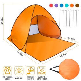 Pop Up Beach Tent Sun Shade Shelter Anti-UV Automatic Waterproof Tent Canopy for 2/3 Man w/ Net Window Storage Bag - Orange