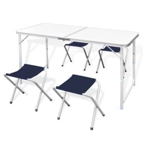 Foldable Camping Table Set with 4 Stools Height Adjustable 47.2"x23.6" - White