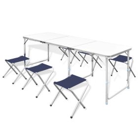 Foldable Camping Table Set with 6 Stools Height Adjustable 70.9"x23.6" - White